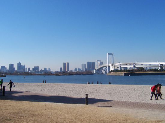 Blick vom Strand auf die Skyline von Tokyo
