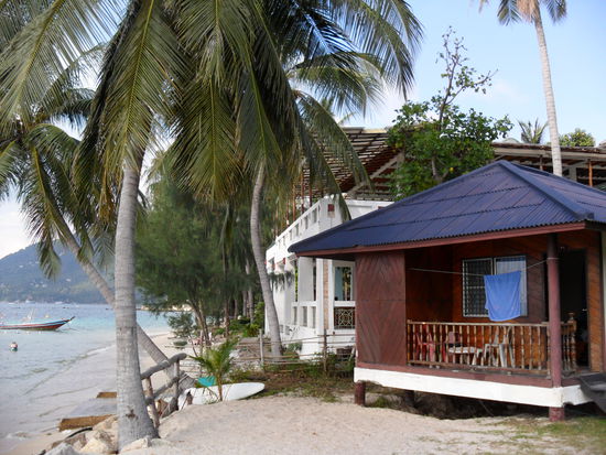 Unsere bescheidene Huette direkt am Strand unter Palmen auf Koh Tao 