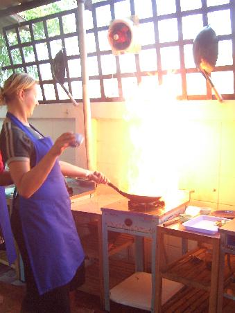 Wow! Das Feuer ist uebrigens Absicht, den so wird Chicken mit Cashew Nuts gemacht. Ich musste den Wok in 45 Grad Winkel halten, dann die Zwiebel reinschmeissen und in Deckung gehen *g*!