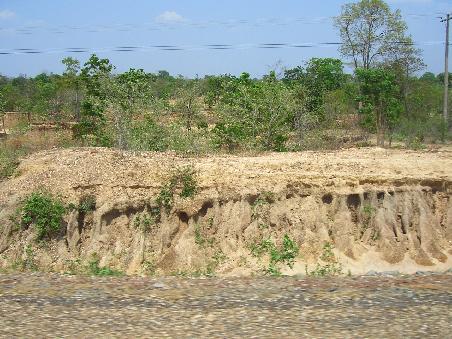 Ein Busfoto - also ich meine, ein Foto aus dem Bus geschossen. Aber so sieht es in Laos entlang der Strassen meistens aus - blau - gruen - sandig!