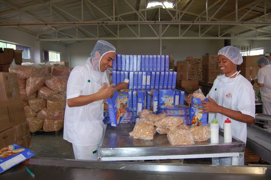 Die zugeschweißten Packungen werden in Kartons eingepackt.