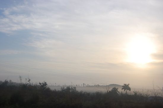 Fahrt von Viñales nach Havanna durch den Sonnenaufgang und neblige Morgenstimmung.