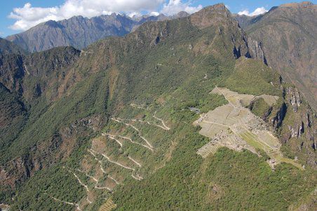 Blick von oben auf die ganze Ruinenstadt rechts, links der Weg den faule Touristen mit dem Bus hochfahren können.