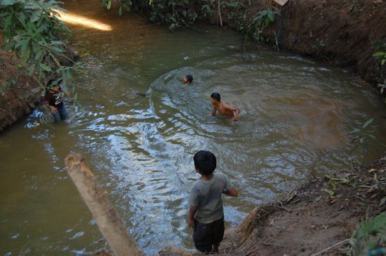 Die Kids beim Spielen im Tümpel hinterm Haus