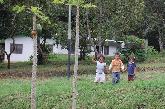 Melanie, Samuel und Axa, die drei Kleinsten in unserem Haus (vier Familien), waren so süß, wie sie Hand in Hand über die Wiesen spaziert sind. 