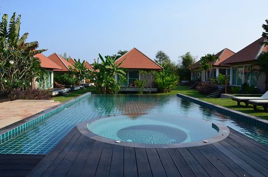 Blick auf den Pool und Garten