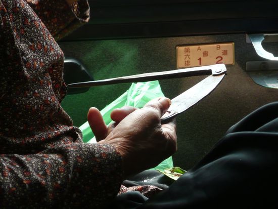 Hier die beschriebene Sichel / Sense, Auf Flugreisen hätte ie damit wohl ein Problem