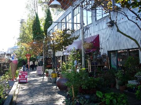 Hier sind die kleinen Laeden und Cafes.