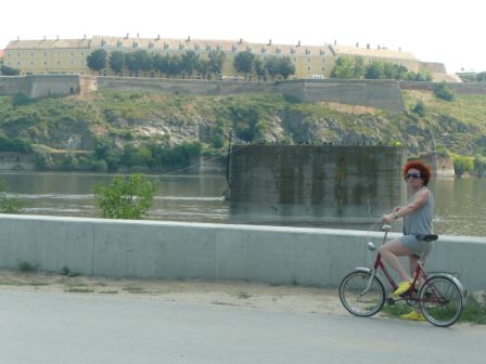 Die Reste der alten Donaubrücke in Novi Sad, im Hintergrund die Festung Petrovardein
