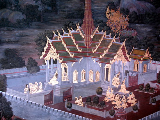 Ein winziger Ausschnitt aus dem Wandfresco.
Jeder Tourist besucht den Grand Palace und es gibt millionen Fotos im Netz. Deshalb sollen die reichen.