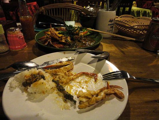 Das Lange Dunkle auf meinem Teller ist der Kampott-Pfeffer. Solche Rispen liegen jede Menge in der Portion hinten. Man zieht ihn ab wie Johannisbeeren. Der Pfeffer ist so zart und fein dass man ihn gut in diesen Mengen essen kann.