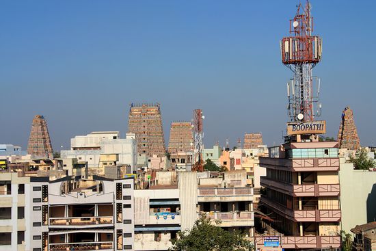 auf den Sri Meenakshi Tempel, den Hautptempel von Madurai