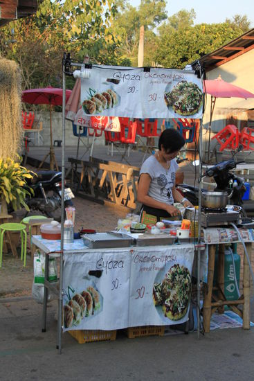 Ziemlich crazy - Gyoza und Okonomiyaki, also Urjapanisches Essen auf dem Nachtmarkt in Pai. Aber es gibt ja auch Sushi und Schokoladenfondue.