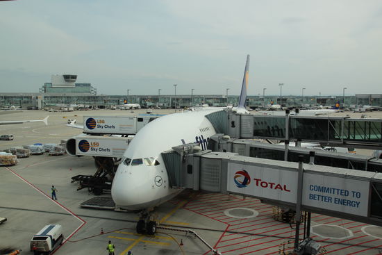 Mein erster Flug mit einer Boeing 747-800. Der obere Gang führt zur First- und Business Klasse, der untere vordere Gang zur Premium Economy und der Hintere zur Economy.