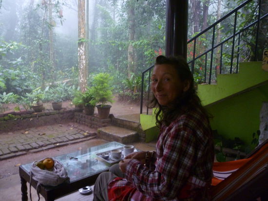 1.12. Dienstag Abend
Wir sind im Jungle View eingezogen. Eine saubere Pension am Stadtrand, angrenzend an das Perryar Reservat. Das Gelände war früher eine Gewürzplantage. Große Affen turnen in den Wipfeln der Bäume und abends sieht man am Himmel tausende von fliegenden Hunden auf ihrem Weg zu den Fruchtplantagen in Tamil Nadu.