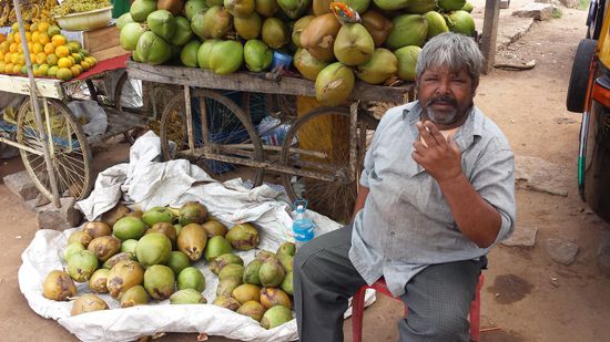 Am Anfang von Hampi wird sich erst mal an den Kokosnüssen erfrischt.