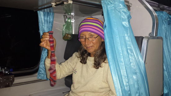 Nach 2 Tagen in Kuala Lumpur fahren wir mit dem Bus bis Butterworth und am nächsten Tag dann mit dem Nachtzug zurück nach Bangkok.
Angelica hat Zeit zum Socken stricken.