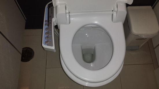 Im Einkaufscenter finde ich diese Hightech-Toilette mit Gebläse zum Po trocknen.