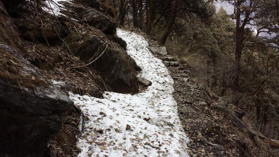 Hier ist das Ende eines Tagesausfluges. In Sandalen kann ich nicht im Schnee weitergehen. Im Dorf hatte man mir auch schon gesagt, daß der Weg über den Pass noch nicht frei ist.