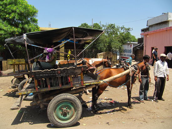 Mit der Pferdekutsche von Banbasa (Indien) zur nepalesischen Grenze. Da sollten dann noch 10 Leute mit ihrem Gepaeck (Reis, Unterhosen etc.) mit drauf. (armes G-pferd)