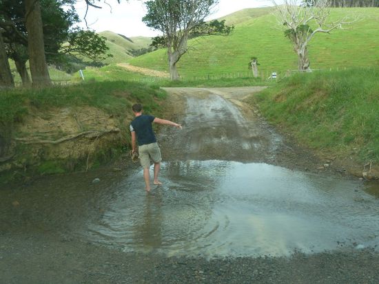 Hier mussten wir an Franzi und Robert denken, die mal in einem sogenannten Ford stecken geblieben sind. Damit uns nicht das gleiche passiert, habe ich lieber mal gecheckt, ob Mr. Bongo auch ungehindert hindurchfahren kann. Die 10cm Tiefe hat er aber locker gemeistert 