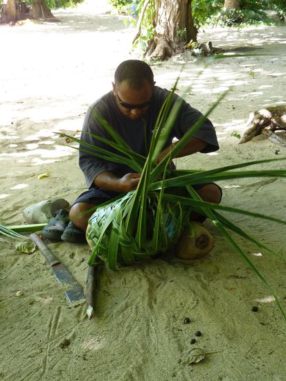 Bio webt einen Korb aus EINEM Palmenblatt