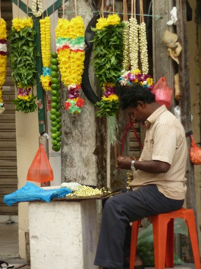 Blumenkranzverkäufer vorm Hindutempel