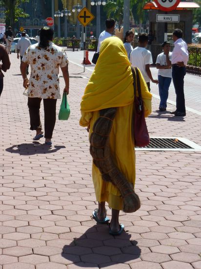 Diese Dame war ebenfalls Richtung Tempel unterwegs, bitte einmal genau hinschauen: was da aus ihrem Gewand kommt, ist kein Tier, sondern ihr Zopf: umgenauer zu sein mehrfach gefaltete und fest verschnürte Haarpartien, das ist gewiss kein Leichtgewicht. Und sie ist schätzungsweise um die 80...