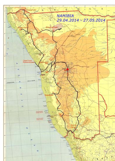 unsere Reiseroute - eine große "8" mit insgesamt 5300km Länge....
Von Windhoek aus in den Süden, dann hoch bis an die angolanische Grenze und in einer Schleife wieder zurück in die Hauptstadt.
