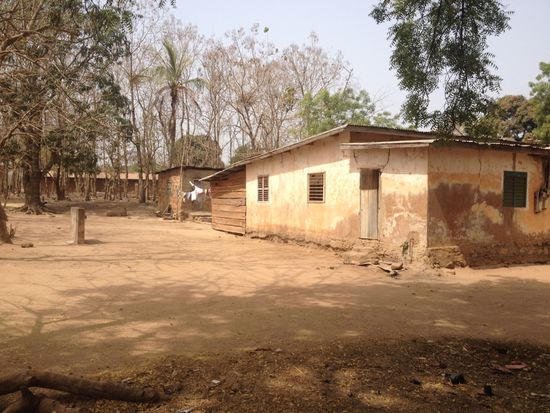 Blick vom Straßenrand auf die Wohnhäuser