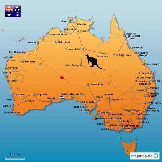 Meine geplante Reiseroute durch Australien. Im Ganzen sind es 19682 km. Die Städte sollen die einzelnen Etappen darstellen, wo ich jeweils übernachten möchte. Geplant sind im Schnitt 100 - 350 km pro Fahrstrecke, allerdings gibt es auch schon mal längere Abschnitte. Die Längste beträgt zur Zeit 685 km von Broome nach Halls Creek.