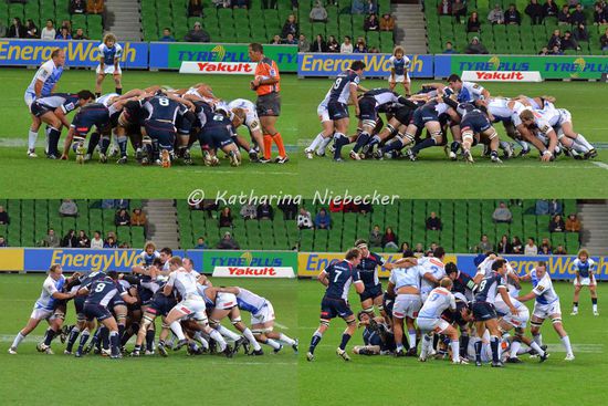 Hier der Anstoß mit einem "Gedränge" (scrum), wo um den Ball geschoben wird. Sieht schon lustig aus, was die da veranstalten... Die "Rebels" haben lange Zeit mit bis zu 17 Punkten geführt, doch die gegnerische Mannschaft lief sich nicht unterbuttern und kämpfte sich fleißig heran. Dieses Gedränge hier.......