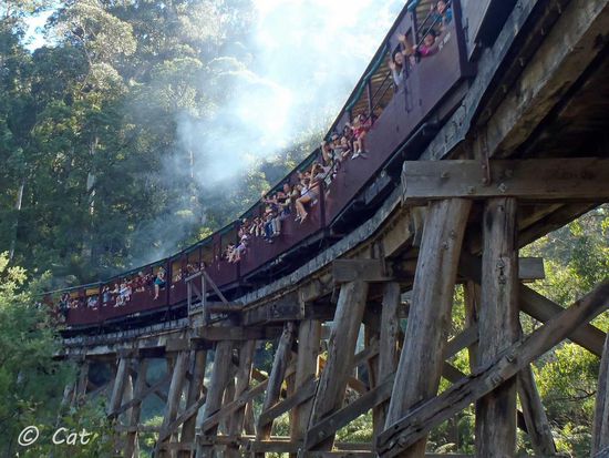 Der Zug ist gut besucht und die Passagiere lassen sogar ihre Beine raushängen... Sowas wäre in Deutschland wohl nicht erlaubt, dabei ist doch Australien sonst immer so sehr auf Sicherheit bedacht!