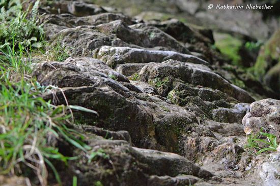 Über diese rutschigen Felsen geht es noch hinter den Wasserfall.....