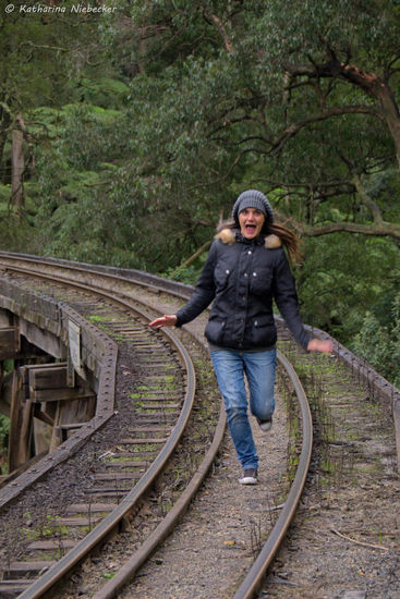 Für die Girls war das natürlich ziemlich aufregend und schrien um die Wette, als wir über die Brücke rannten.... Leider kam Puffing Billy nicht... Wir warteten und warteten.....