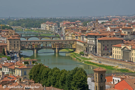 Blick auf die berühmte "Ponte Vecchio" - die wohl reichste Brücke der Welt (aufgrund ihrer vielen Gold-Schmuck-Läden), welche den Palast der Medici mit den "Uffizien" verbindet.