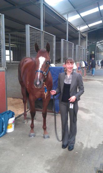 Alezan Thunder und ich vor dem Rennen am frühen Morgen im Stall.