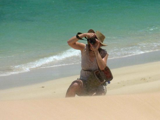 Und wird schon wieder beim Fotografieren erwischt! Die Unschäfe im Bild resultiert von dem Sand, welcher durch den Wind über die Dünen gefegt wird!