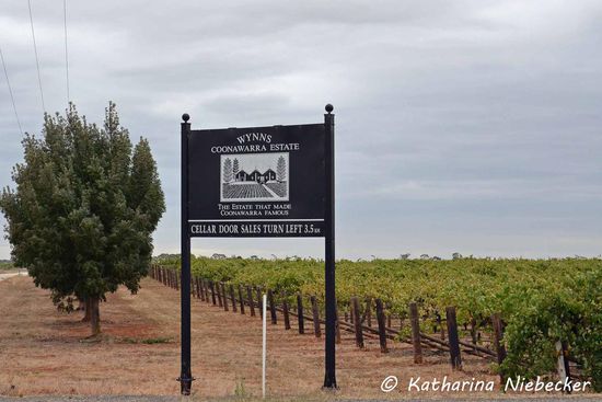 Eines der vielen Schilder zur Werbung der Weingüter, die hier in Reih und Glied nebeneinander liegen....