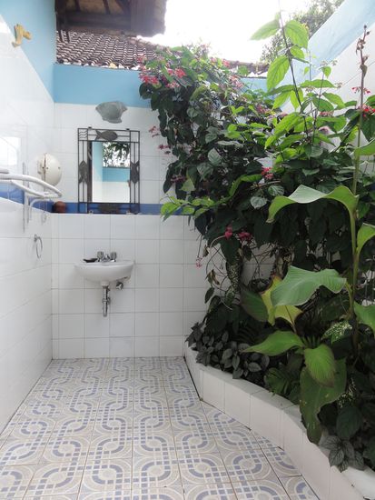 Unser Openair-Badezimmer in Raja's Bungalow. Wirklich eine nette Entschädigung für die anstrengende Anreise.