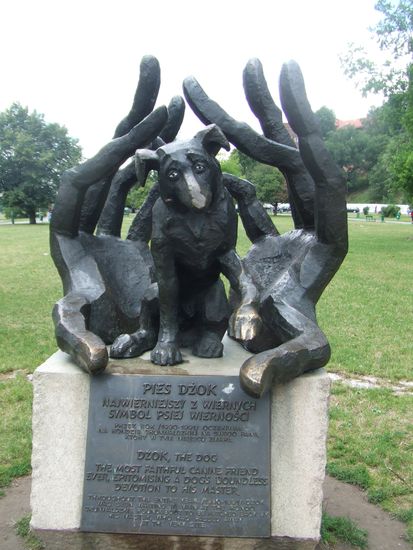 Statue fuer einen Hund, der das ganze Jahr 1991 auf sein verstorbenes Herrchen in der Innenstadt von Krakau gewartet hat. / Pomnik psa Dzoka