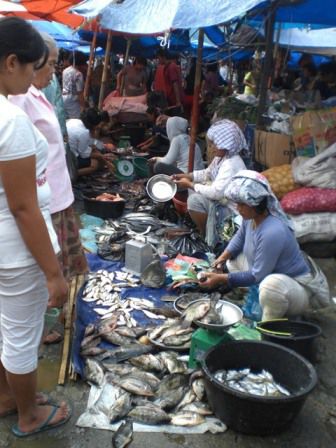 Die Frauen hier tragen übrigens die auf traditionelle Art gewobenen und gebundenen Tücher auf ihren Köpfen.
Ansonsten gibt es hier Fisch. Natürlich frisch aus dem Toba-See. Teilweise kann man sich "seinen" Fisch aus einer der Plasteschüsseln aussuchen, dann wird er an Ort und Stelle getötet und ausgenommen.