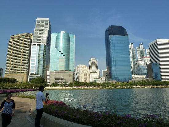 der Park mit Skyline im Hintergrund