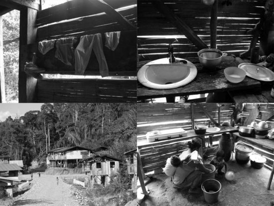 Oben: in einem Haus in Rio Blanco - die Wäsche, die Küche
Unten links: Blick auf Rio Blanco Unten rechts: Zubereitung von Chicha in der Küche