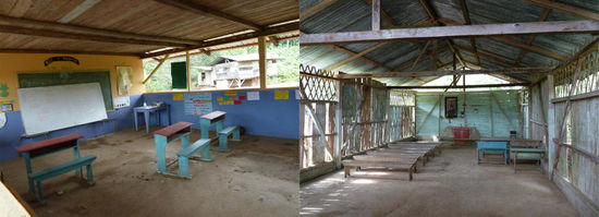 links die Schule - rechts die Kirche