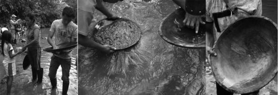 Goldwaschen,...rechts die Ausbeute von 2 Stunden,.....kaum zu erkennen,...ein halbes Gramm