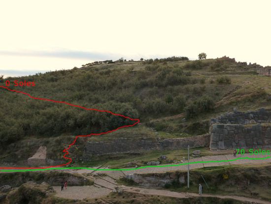 offizieller Weg (grün) - 70 Soles oder Touristenticket (130 Soles)
Alternativroute (rot)  - 0 Soles