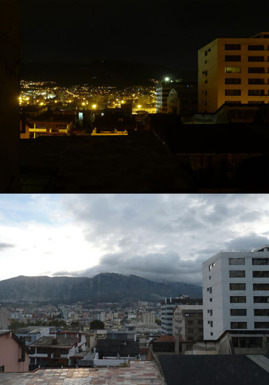Aussicht aus meinem Zimmer, bei Tag und bei Nacht, im Hintergrund Pinchincha