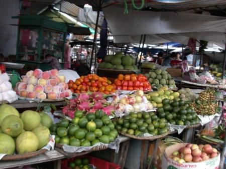 Dicke Pomelos, pinke Drachenfrucht, gruene Orangen... (Aepfel haben hier kaum Aroma!)