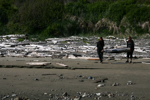 Cindy und ich haben versucht uns eine Brücke zu bauen, um über den Fluß auf die andere Seite des Strandes zu kommen